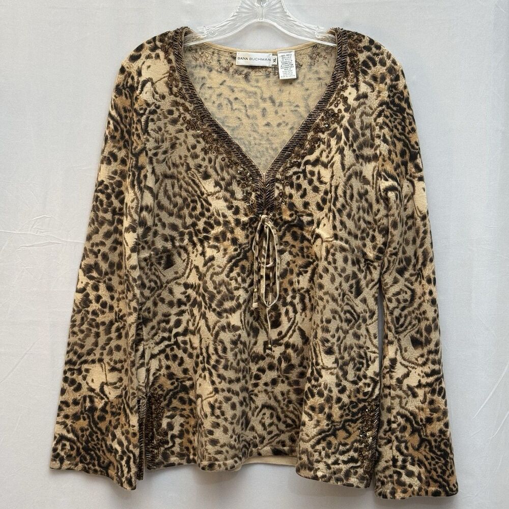 Dana Buchman XL 100% Merino Wool Leopard Embellished Tie Front Sweater Classic